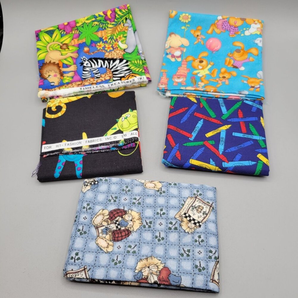 Assorted Fat Quarters Quilting Fabric Kids Fun Patterns Cotton 5 Pc
